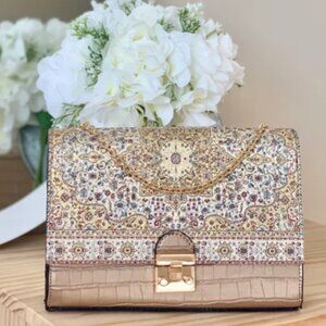 Vleyn Gold Irem Silk Embroidered Beige Crossbody Bag Purse